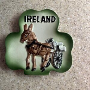 Vintage Shamrock shaped 6” X 6” ceramic plate 3D Donkey w/cart Collector Piece